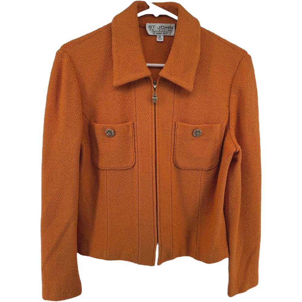 Vintage St John Santana Knit Jacket Full Zip Blazer Crop Y2K Pocket Orange 8